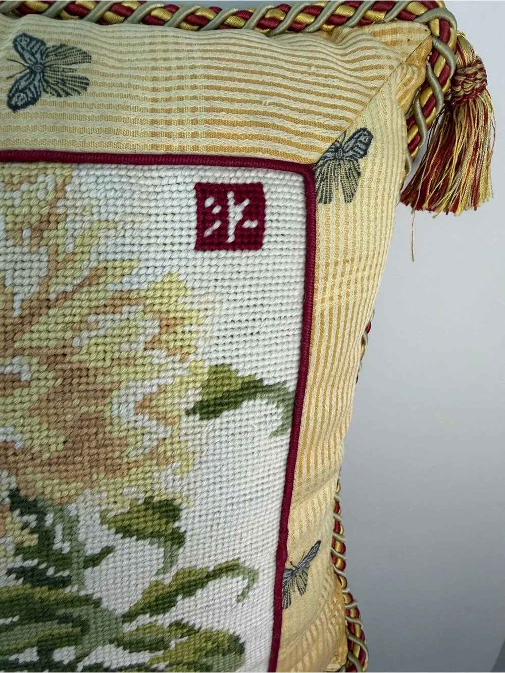 High-End Vintage Chinoiserie Needlepoint Pillow W/Plaid Cotton Backing & Tassels